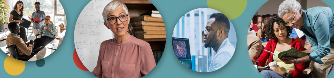 A group of diverse researchers at a table. A Latino woman teaching. A black man reviewing brain scans on a computer. An older black woman mentoring a student.