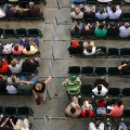 Overhead shot of crowd watching a sports event.