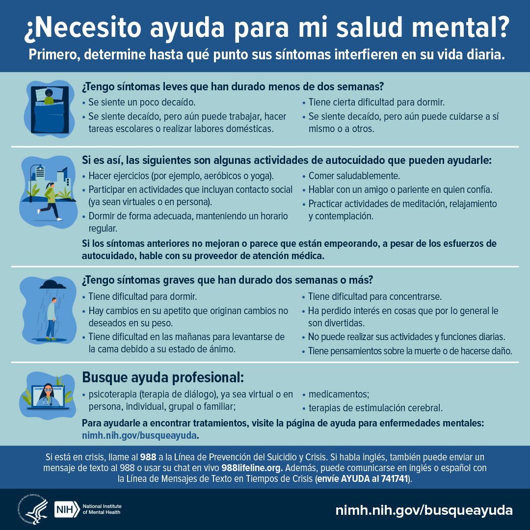 Presenta información sobre cómo evaluar su salud mental y determinar si necesita ayuda. Da ejemplos de síntomas leves y graves, así como actividades de autocuidado y opciones de ayuda profesional. 