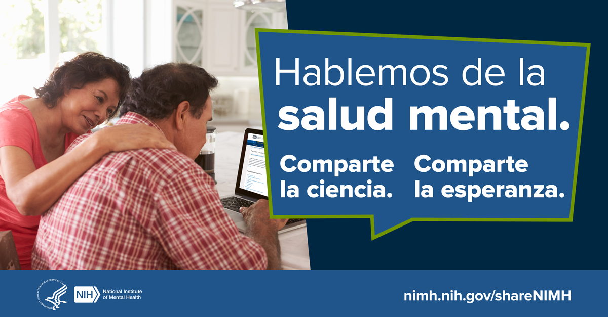 Una pareja frente a una computadora portátil. Al lado se lee el mensaje, “Hablemos de la salud mental”. Le dirige nimh.gov/shareNIMH.