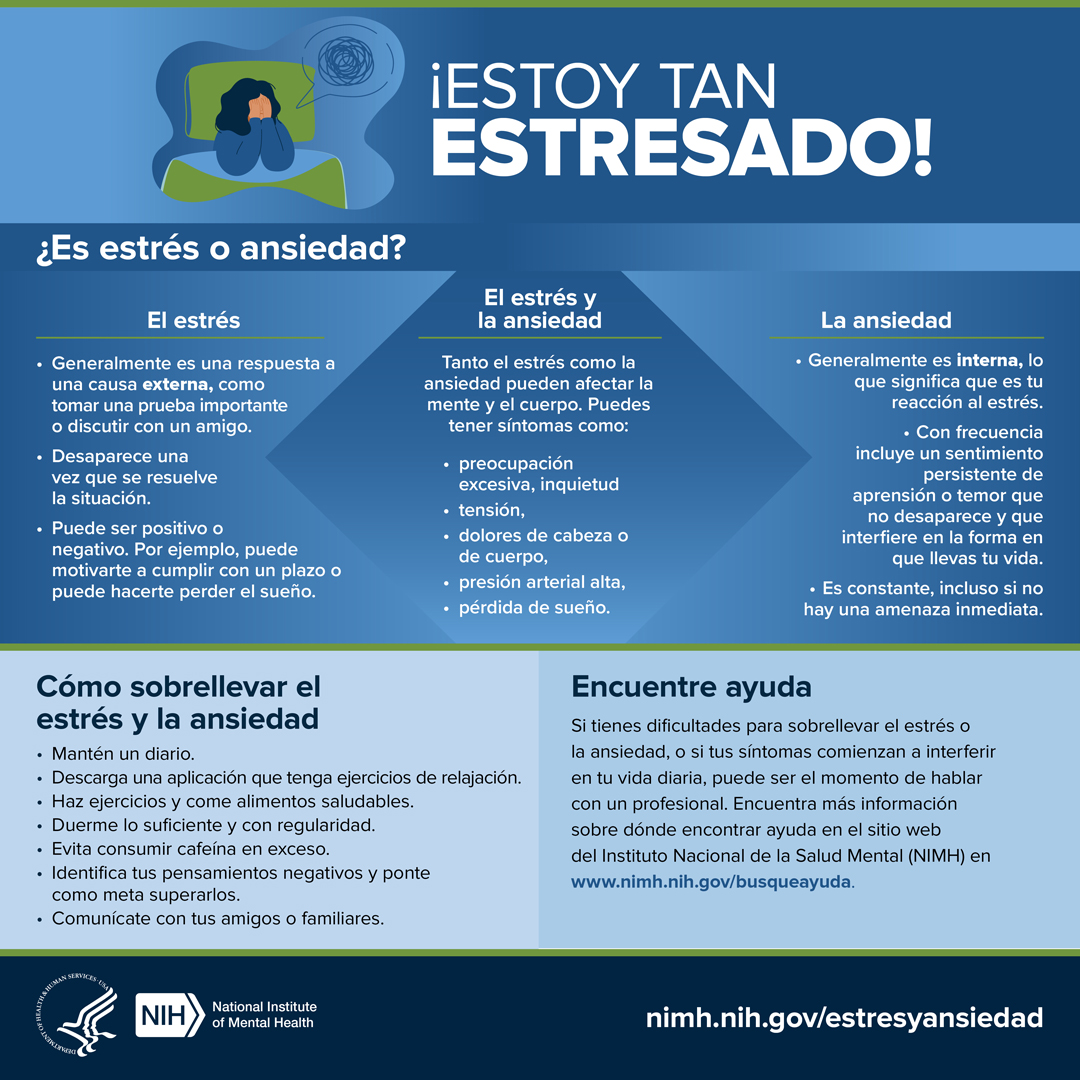 Presenta información sobre el estrés y la ansiedad, así como consejos para sobrellevarla cuando se sienta abrumado.  